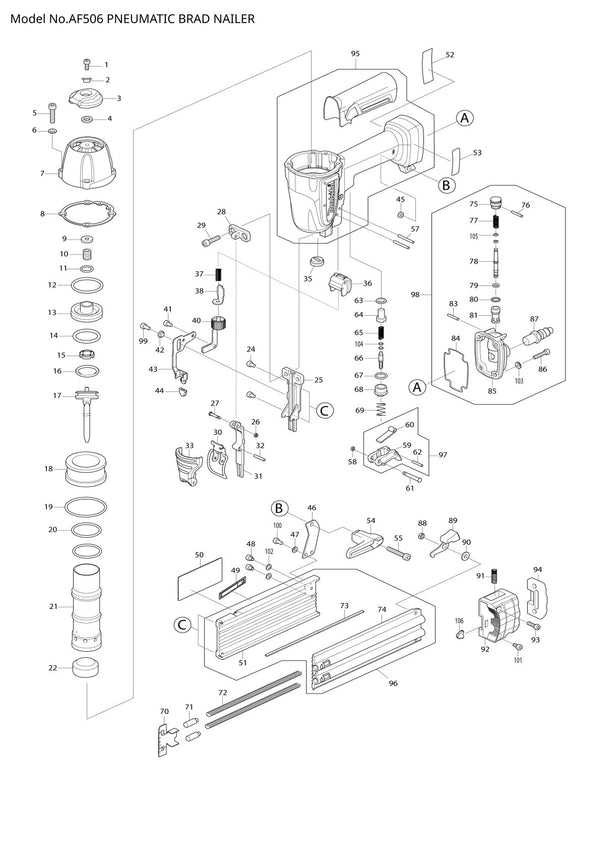 Vue éclatée Makita AF506 - page 1