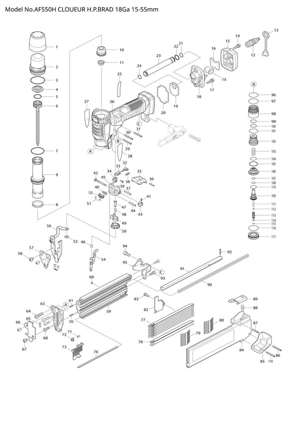 Vue éclatée Makita AF550H - page 1