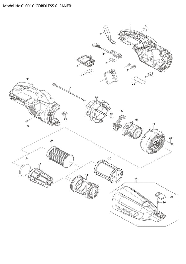Vue éclatée Makita CL001G - page 1