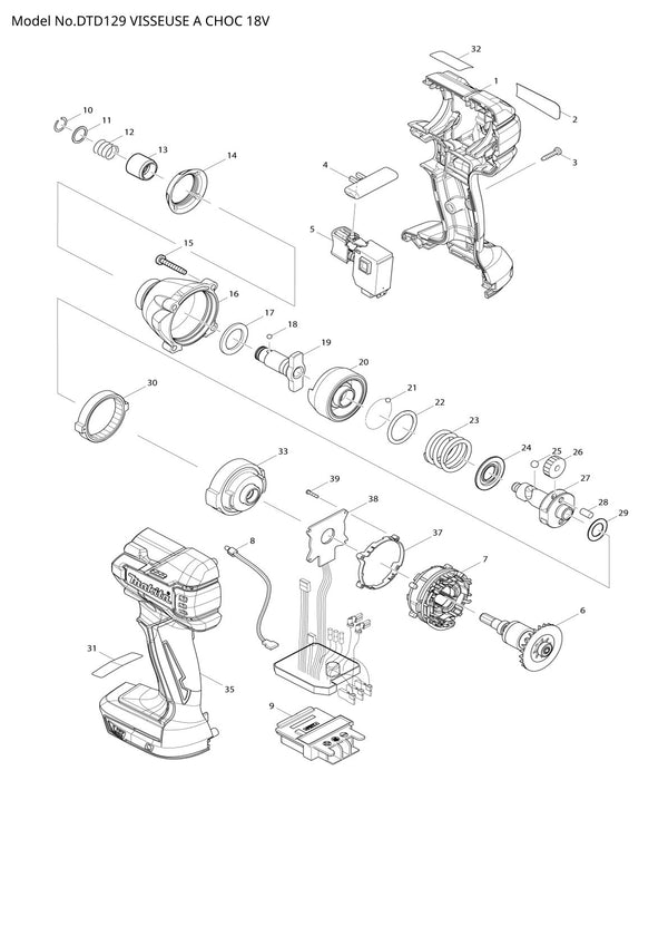 Pièces détachées visseuse à chocs sans fil Makita DTD129