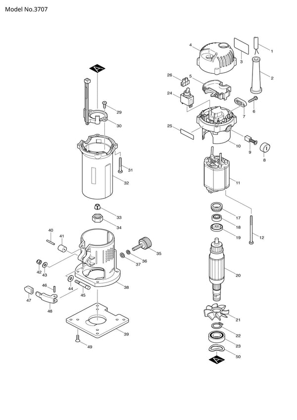Vue éclatée Makita 3707 - page 1