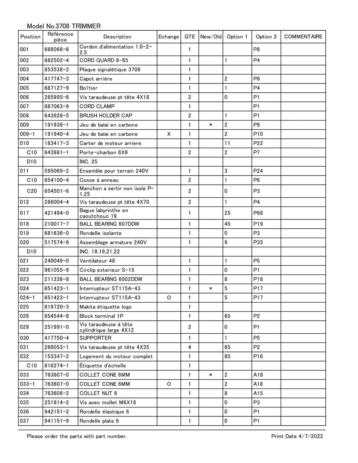 Vue éclatée Makita 3708 - page 2