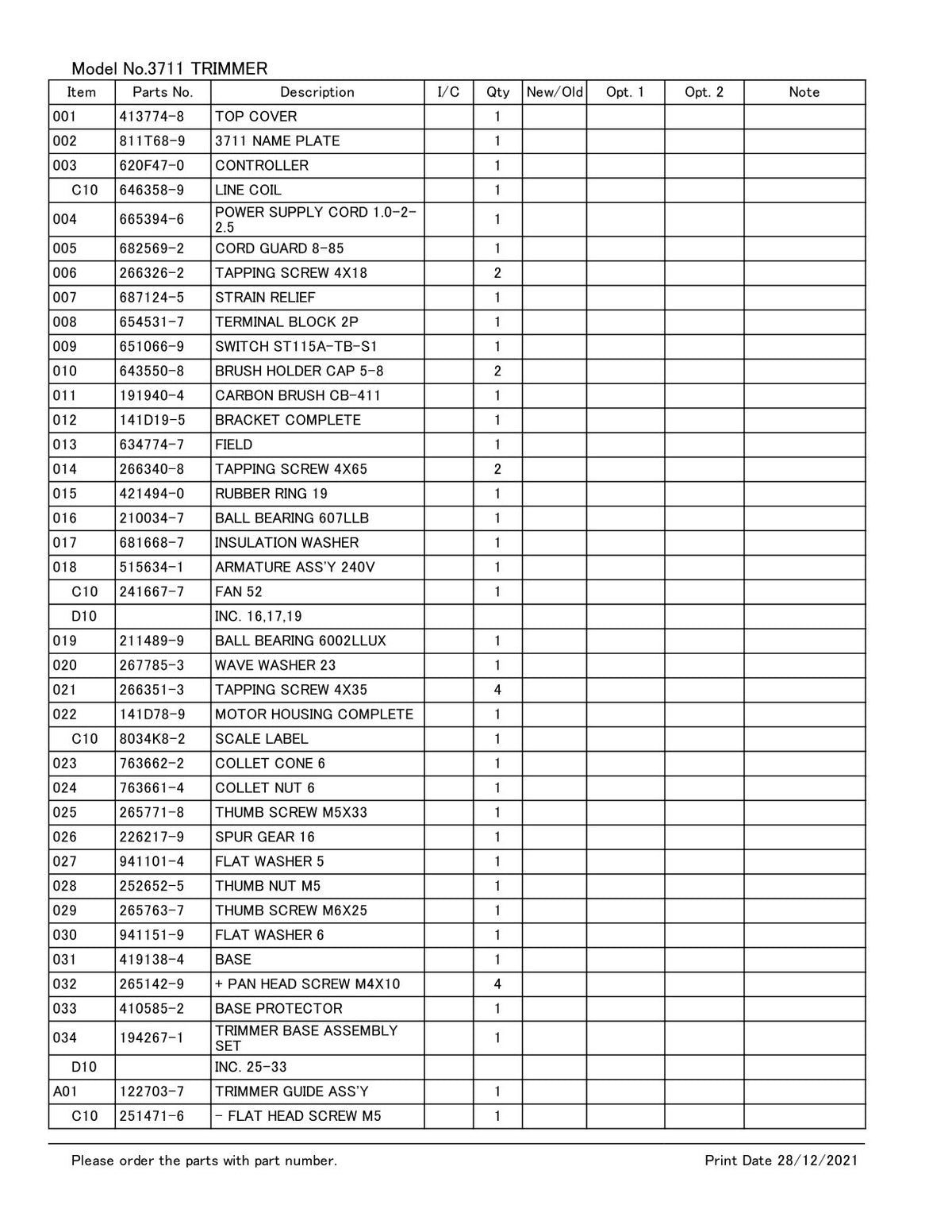 Vue éclatée Makita 3711 - page 2