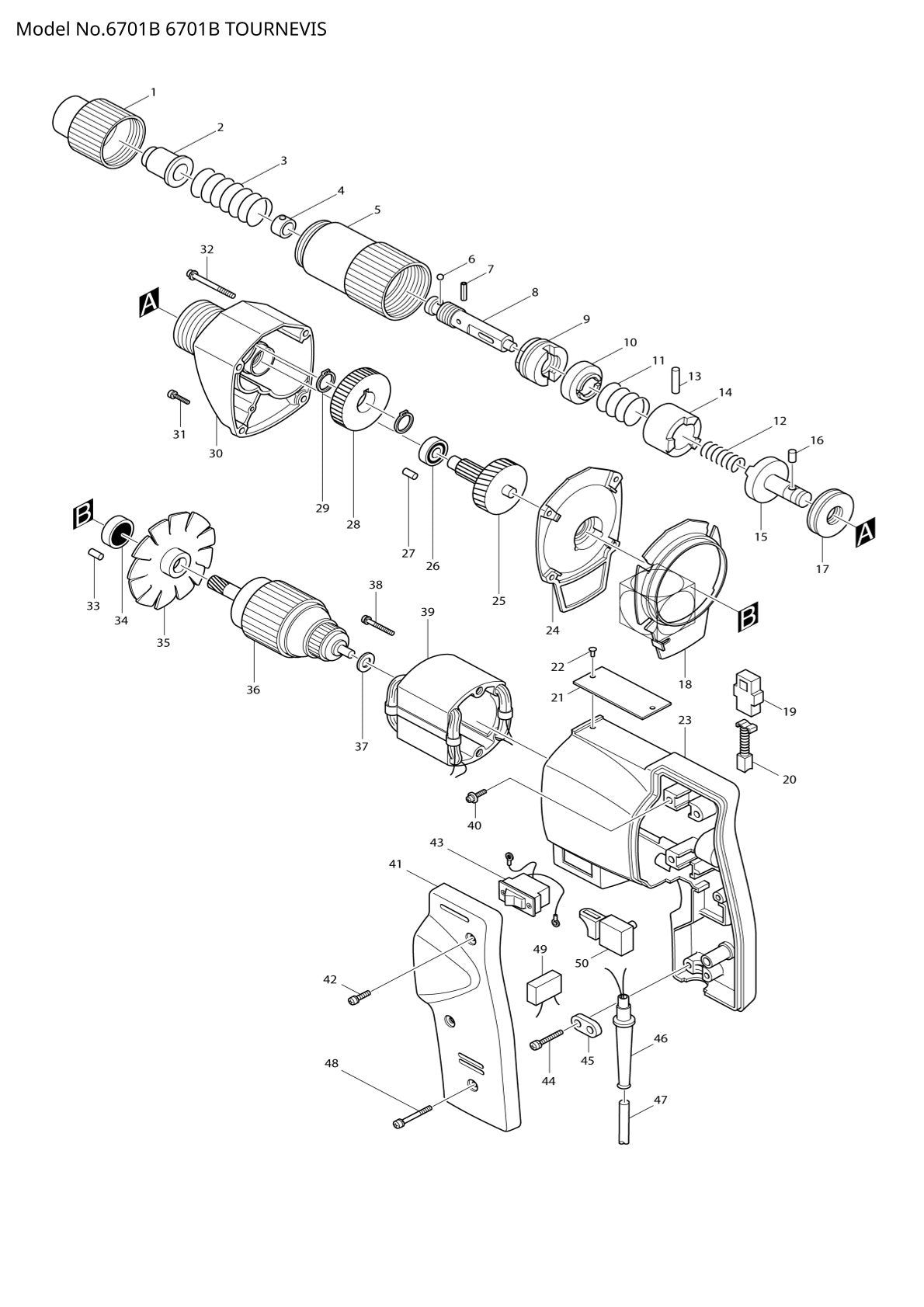 Vue éclatée Makita 6701B - page 1