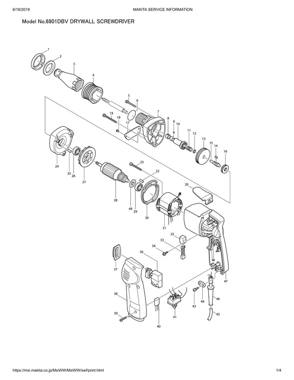 Vue éclatée Makita 6801DBV - page 1