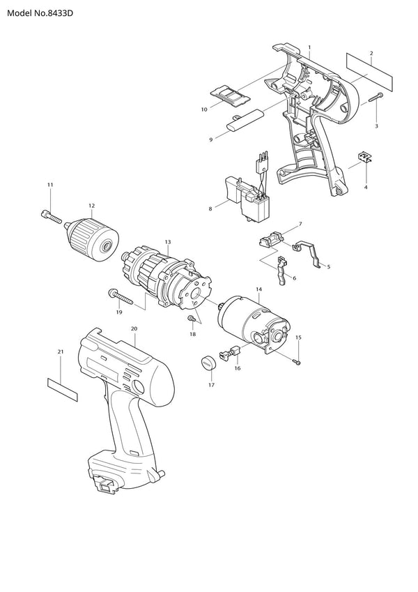 Vue éclatée Makita 8433D - page 1