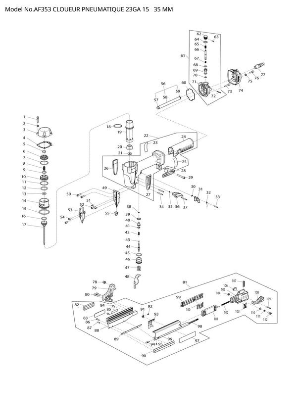 Vue éclatée Makita AF353 - page 1