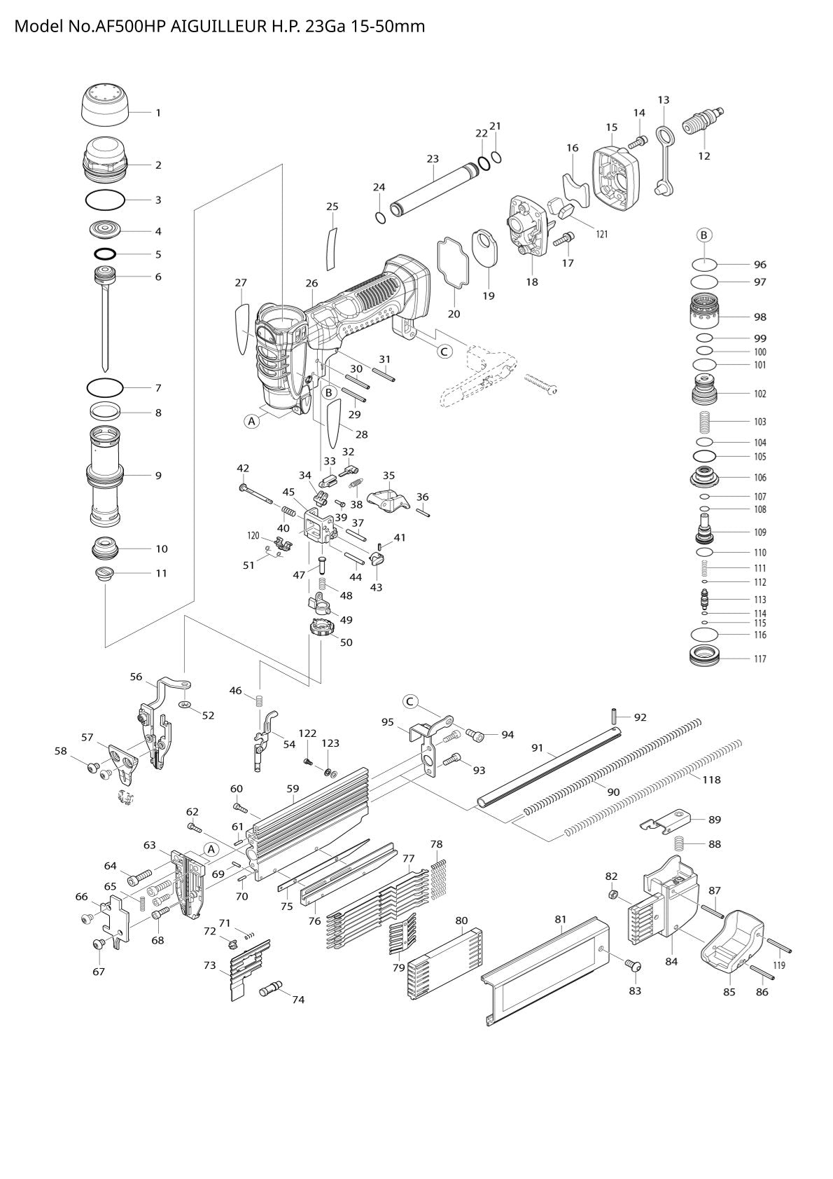 Vue éclatée Makita AF500HP - page 1