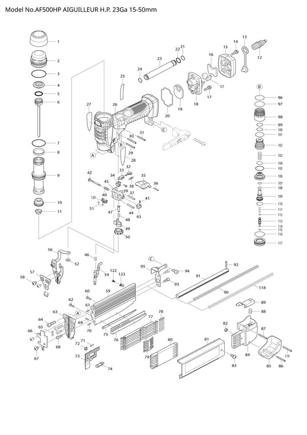 Vue éclatée Makita AF500HP - page 1