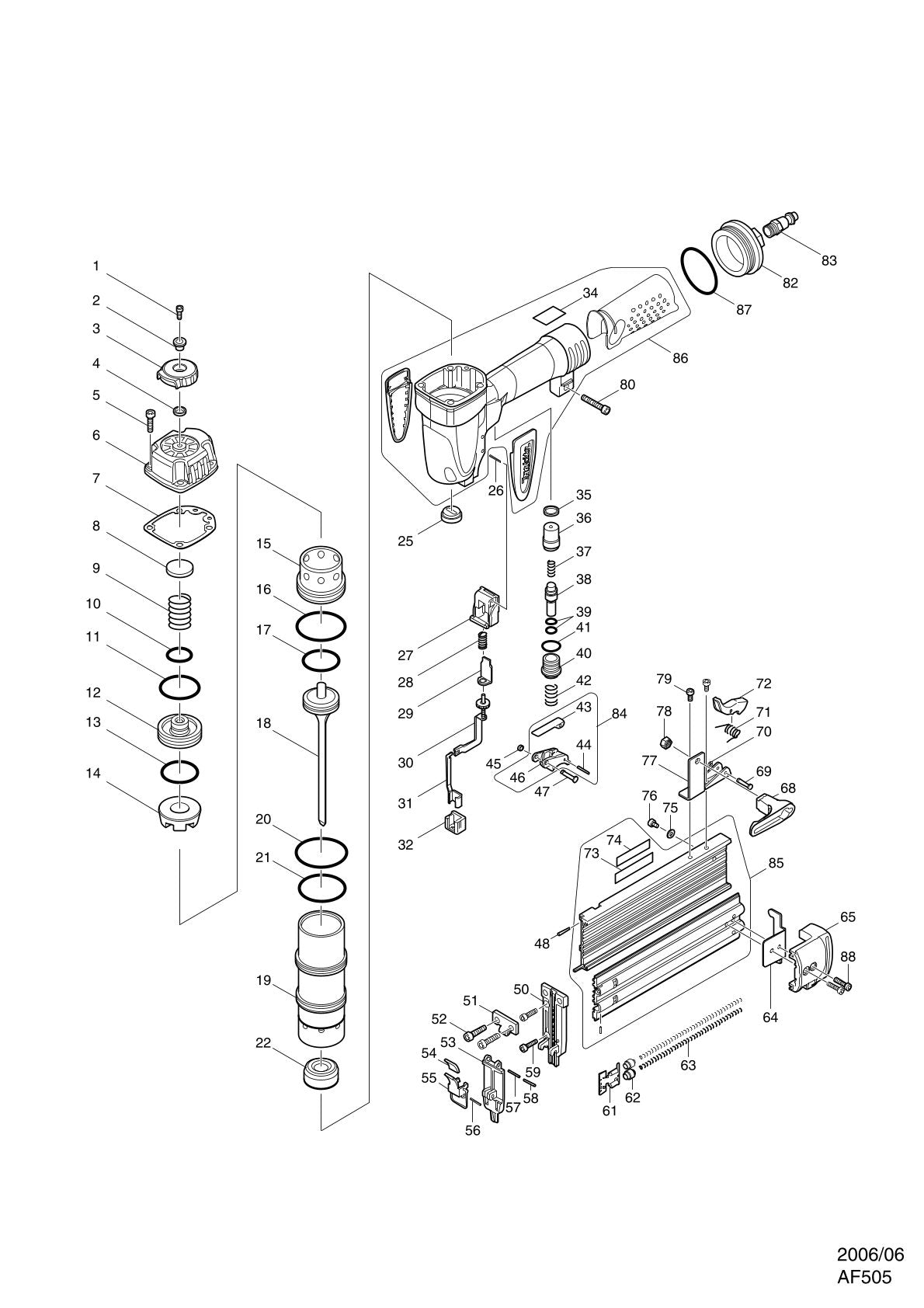 Vue éclatée Makita AF505 - page 1