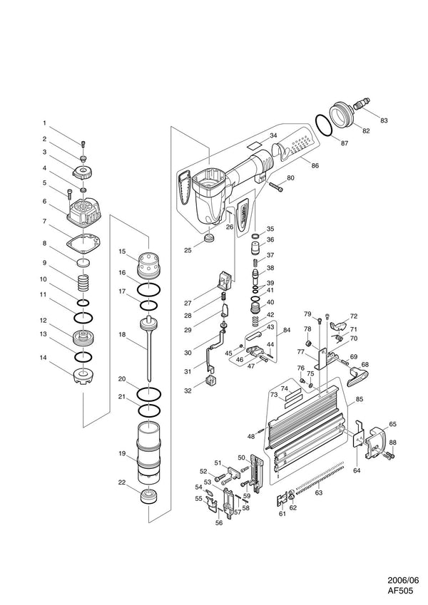 Vue éclatée Makita AF505 - page 1