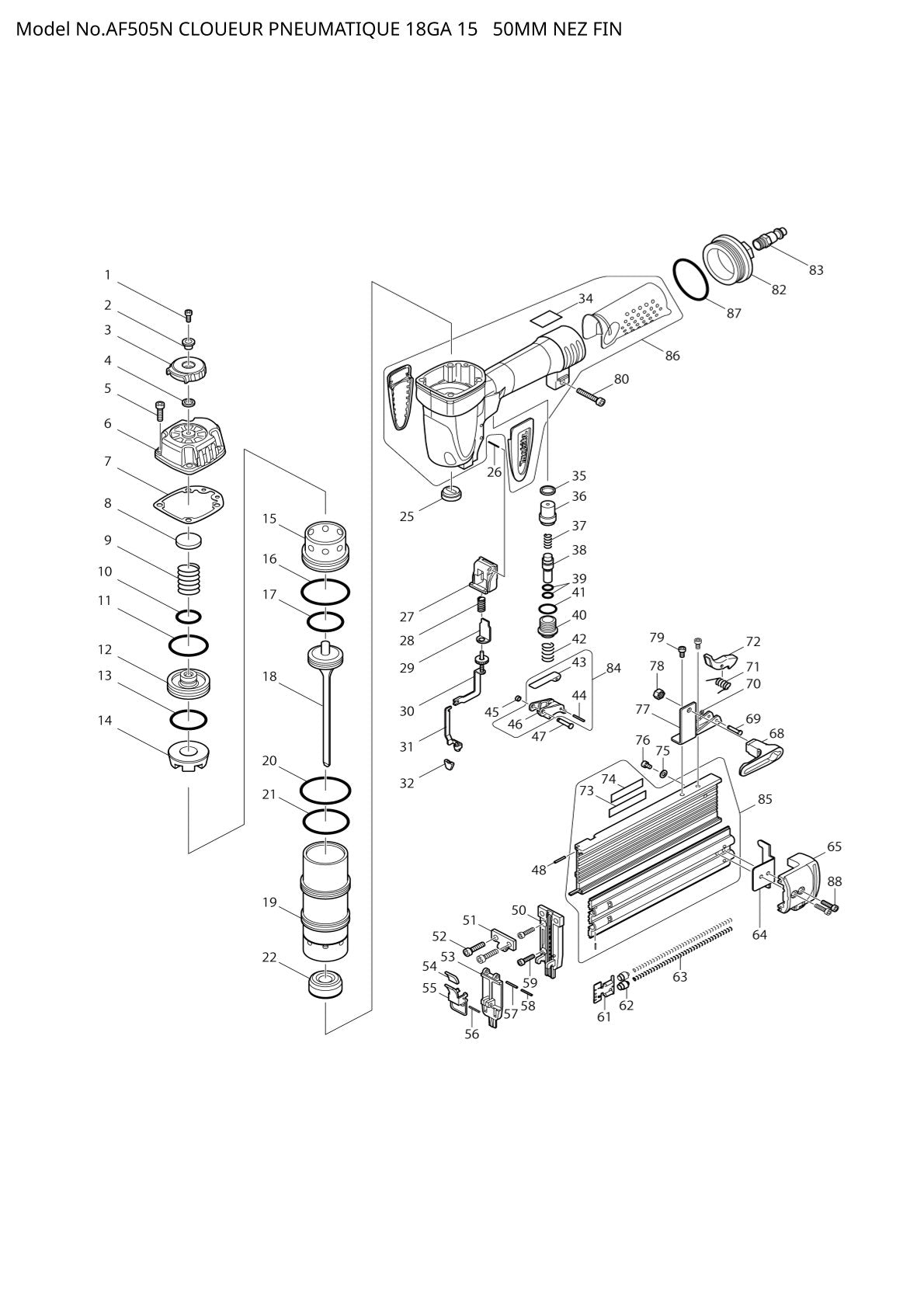 Vue éclatée Makita AF505N - page 1