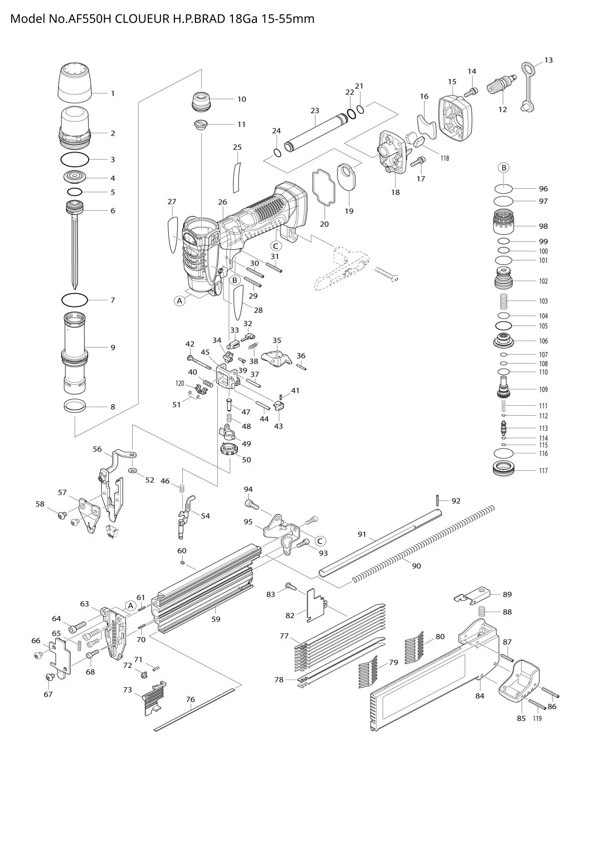Vue éclatée Makita AF550H - page 1