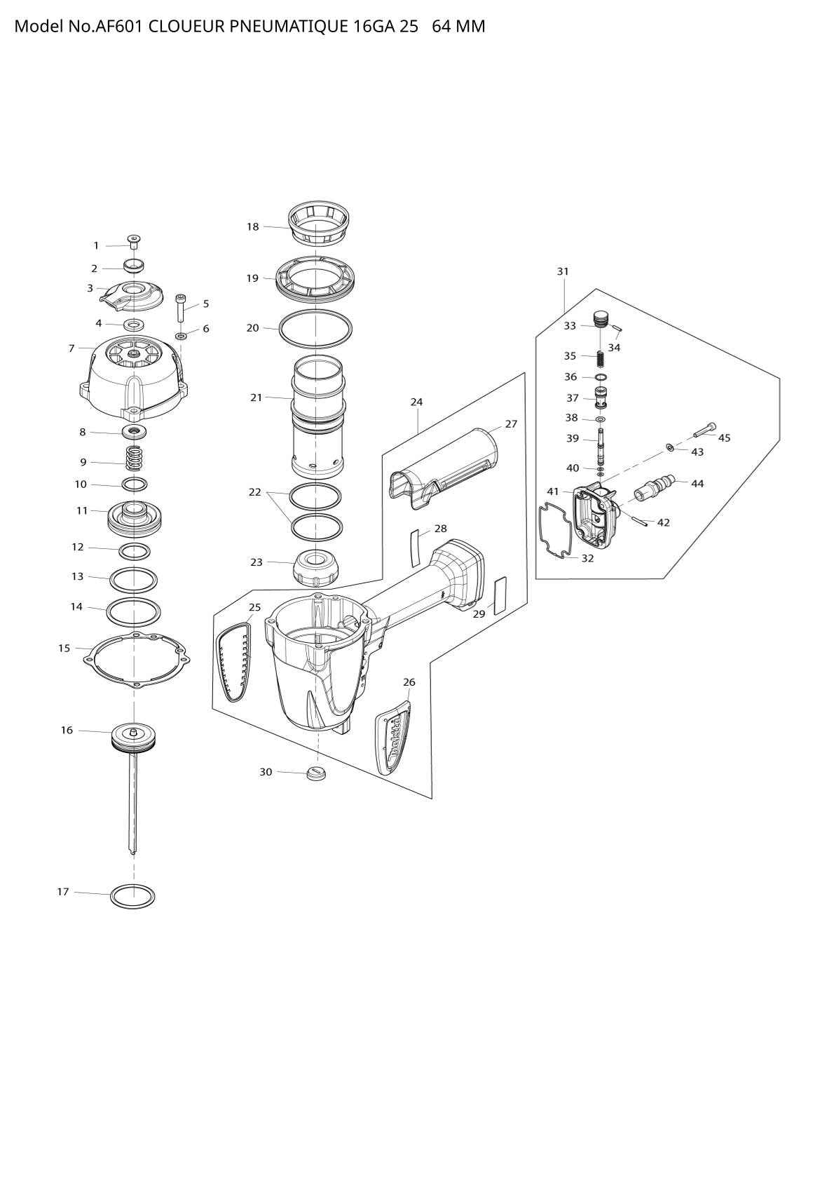 Vue éclatée Makita AF601 - page 1