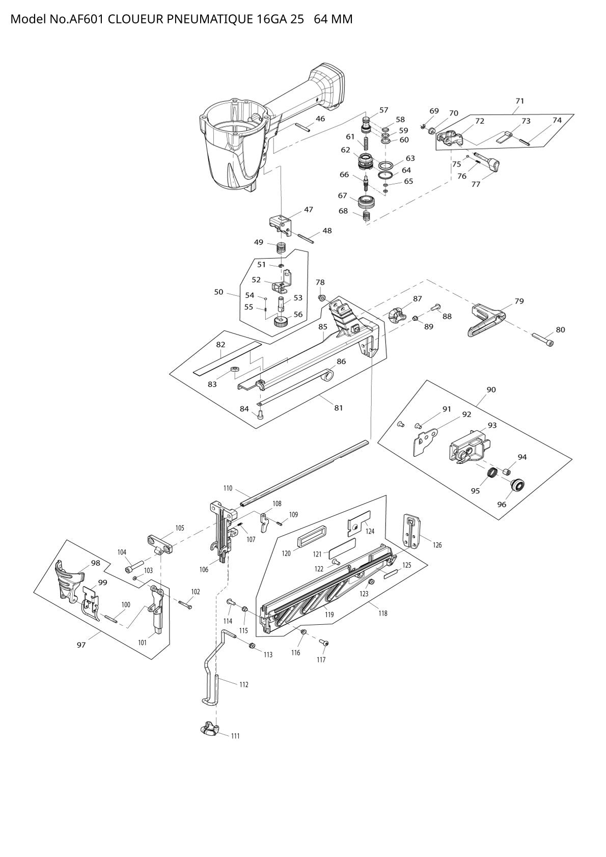 Vue éclatée Makita AF601 - page 2