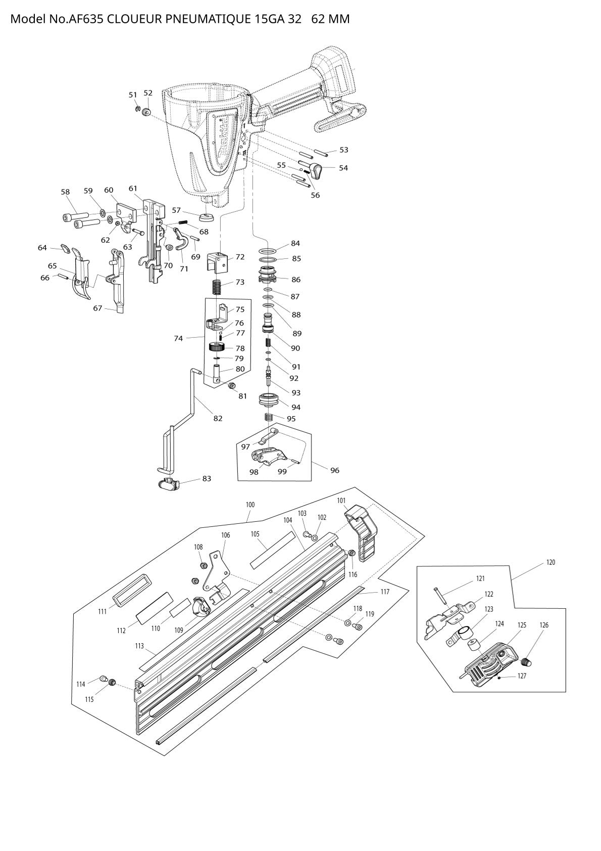 Vue éclatée Makita AF635 - page 2