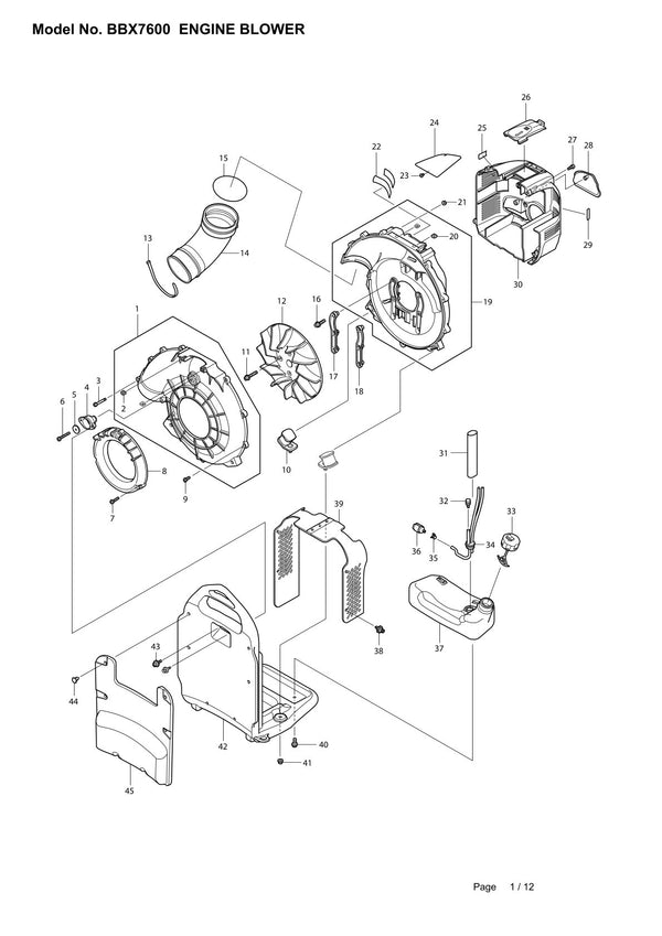 Vue éclatée Makita BBX7600 - page 1