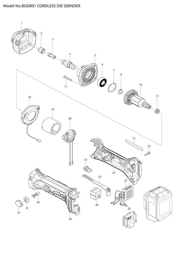 Vue éclatée Makita BGD801 - page 1