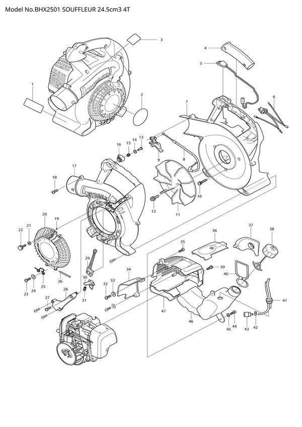 Vue éclatée Makita BHX2501 - page 1