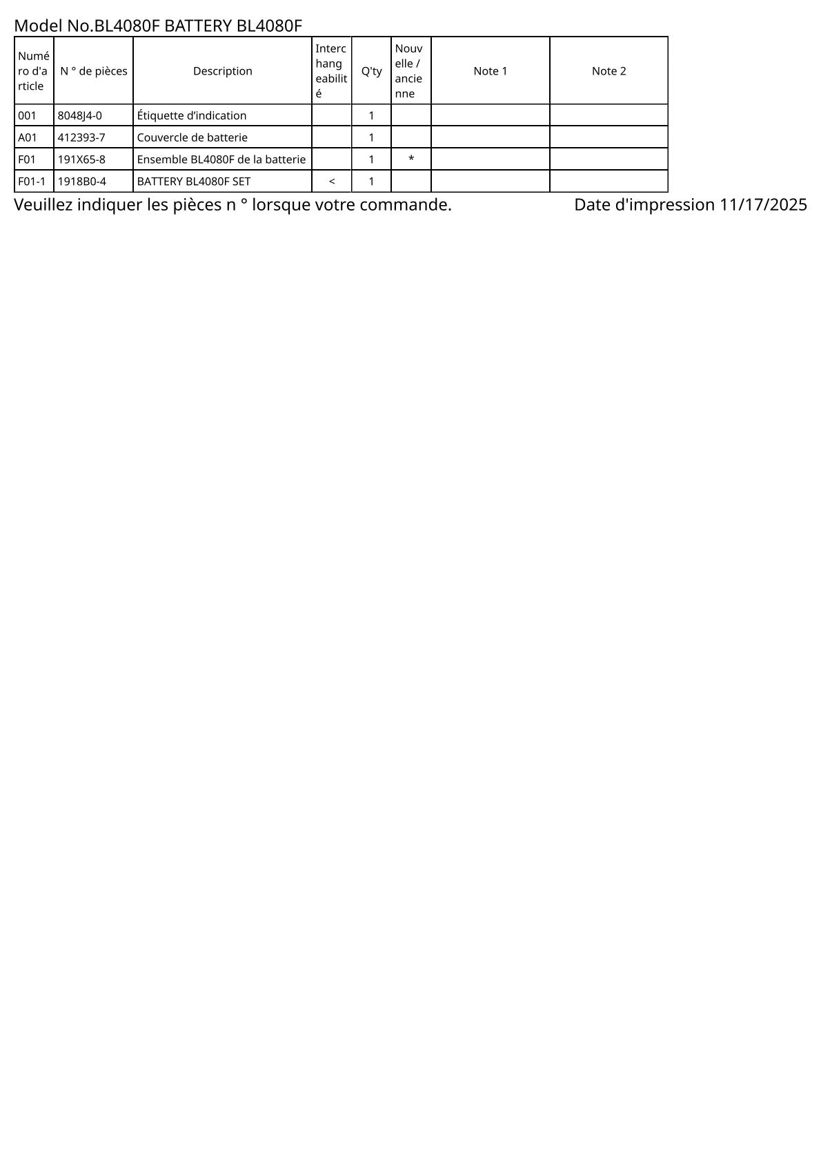 Vue éclatée Makita BL4080F - page 2