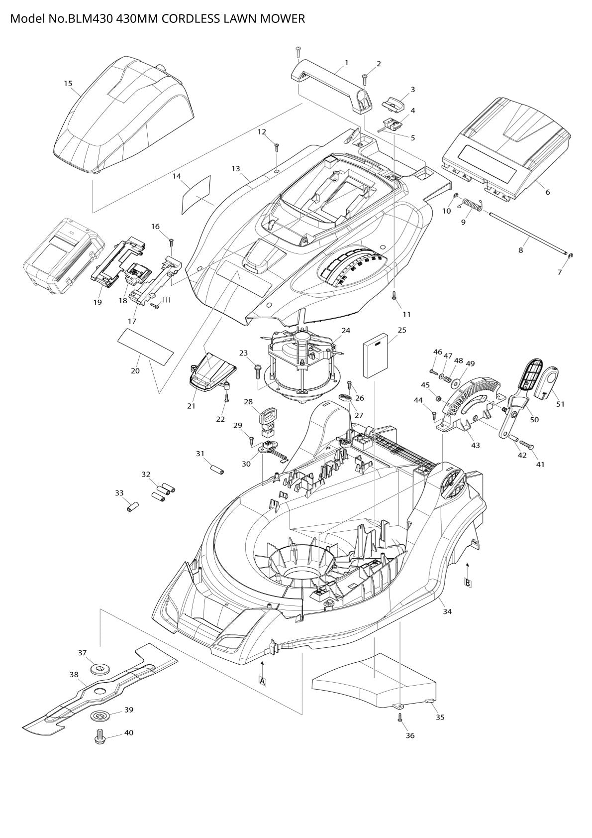 Pièces détachées tondeuse sans fil Makita BLM430