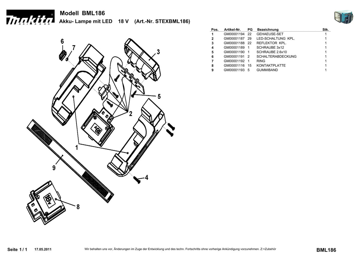 Vue éclatée Makita BML186 - page 1