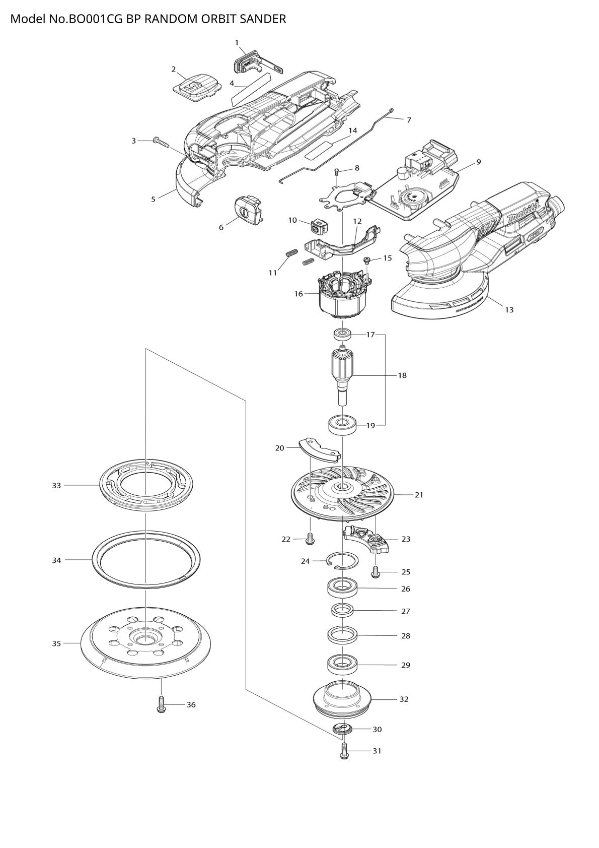 Vue éclatée Makita BO001CG - page 1