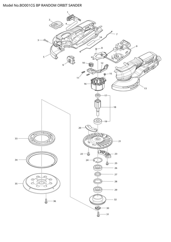 Vue éclatée Makita BO001CG - page 1
