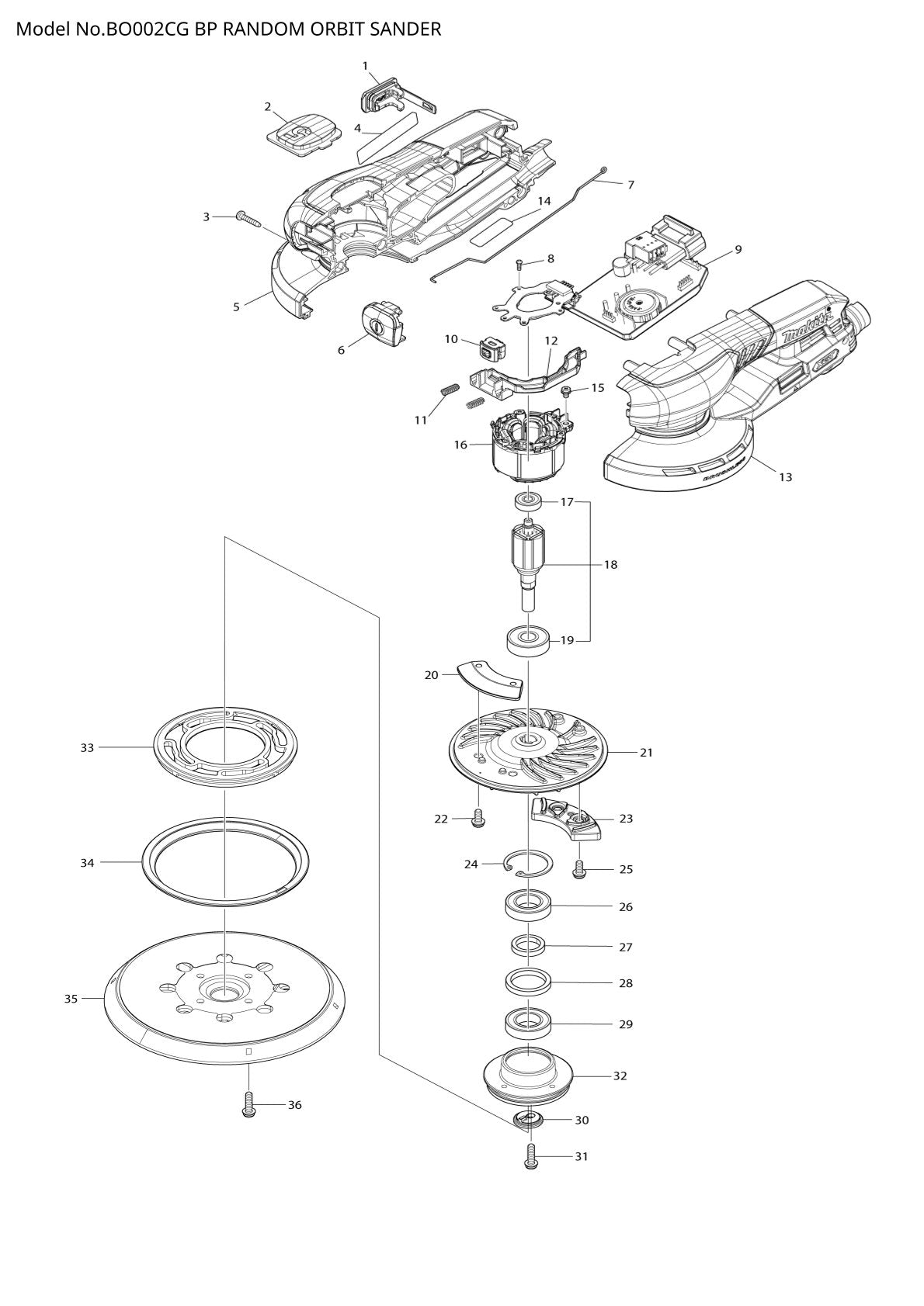 Vue éclatée Makita BO002CG - page 1