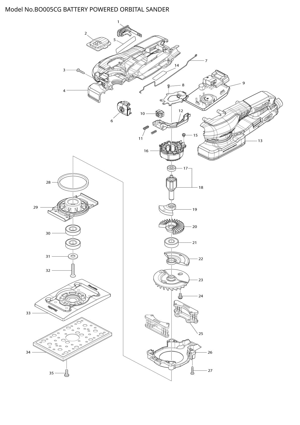 Vue éclatée Makita BO005CG - page 1