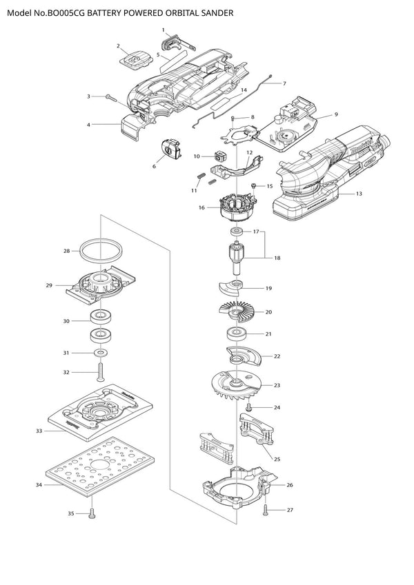 Vue éclatée Makita BO005CG - page 1
