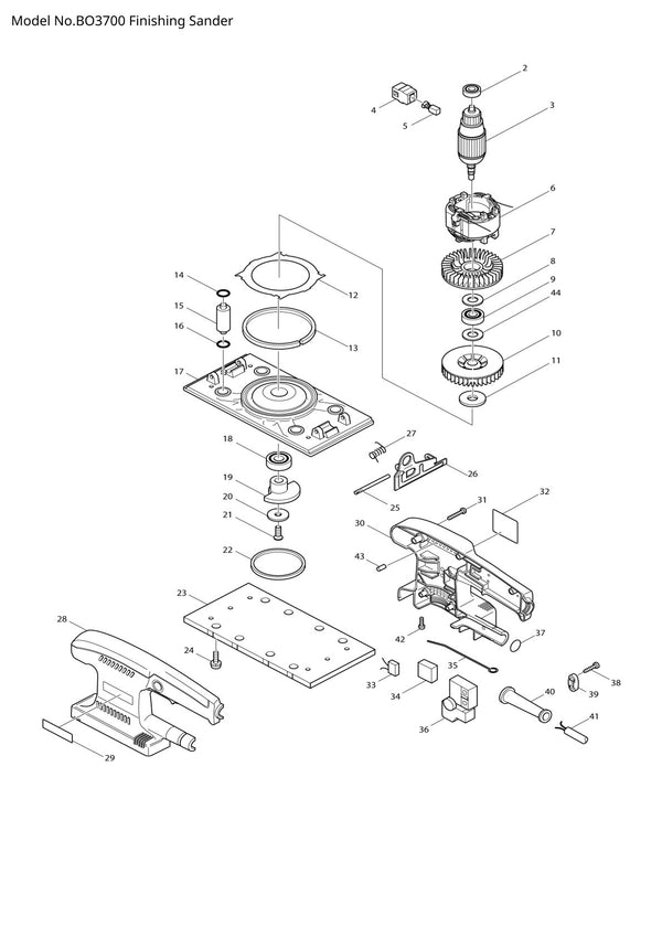 Vue éclatée Makita BO3700 - page 1