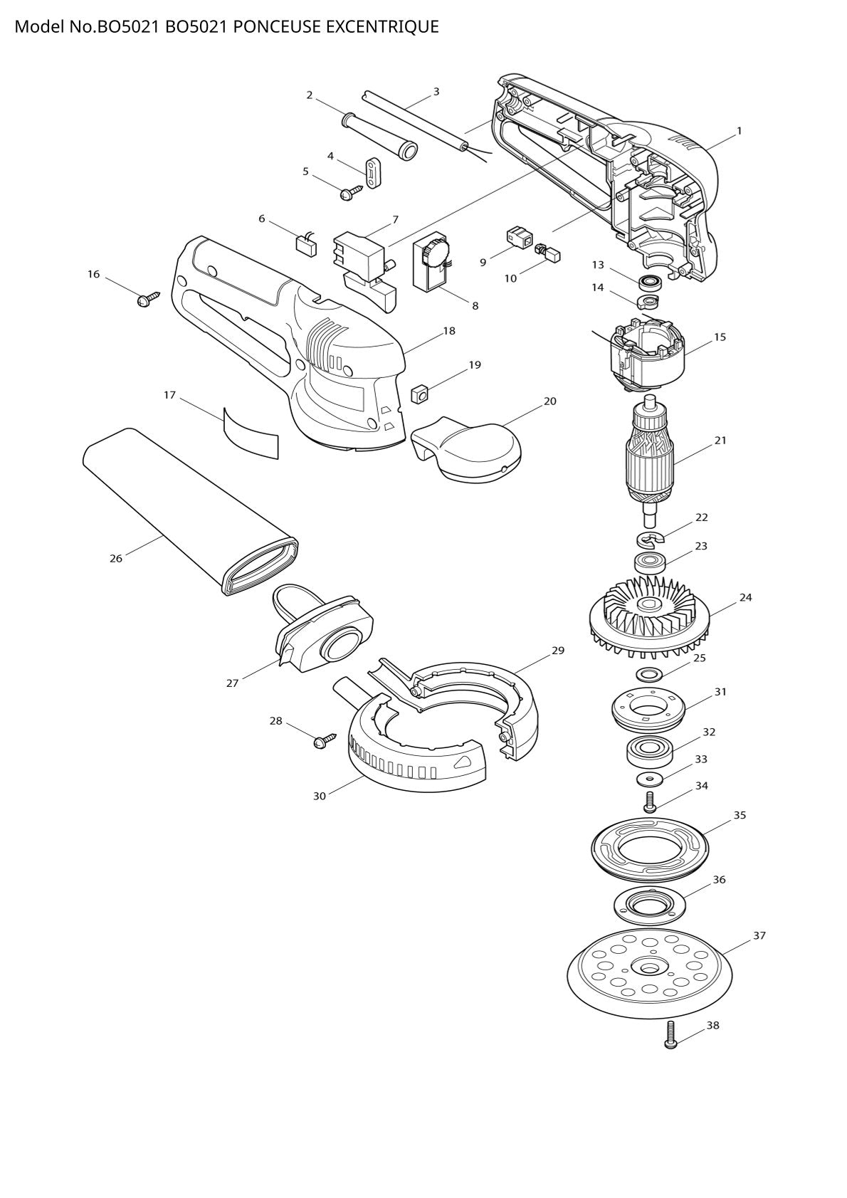 Vue éclatée Makita BO5021 - page 1