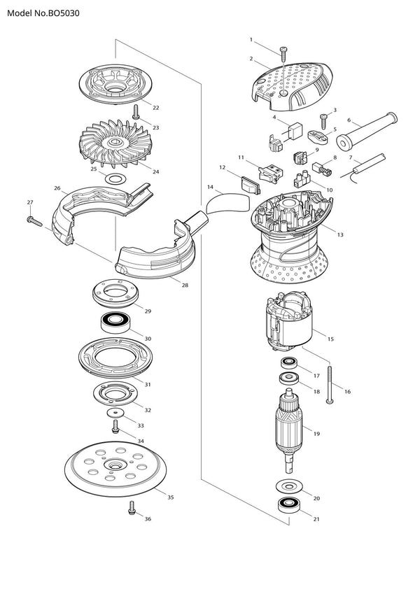 Vue éclatée Makita BO5030 - page 1