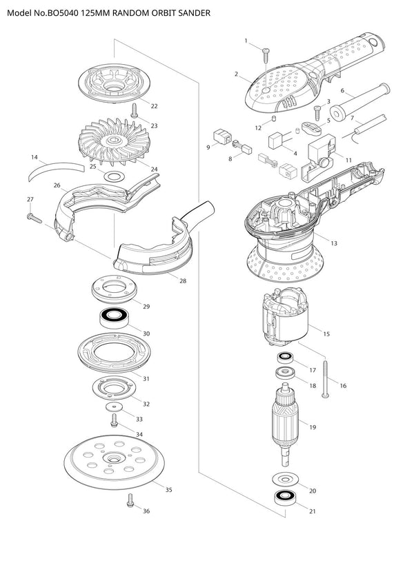 Vue éclatée Makita BO5040 - page 1