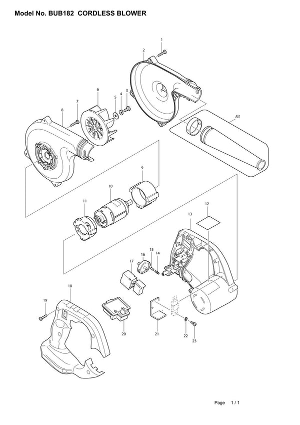 Vue éclatée Makita BUB182 - page 1