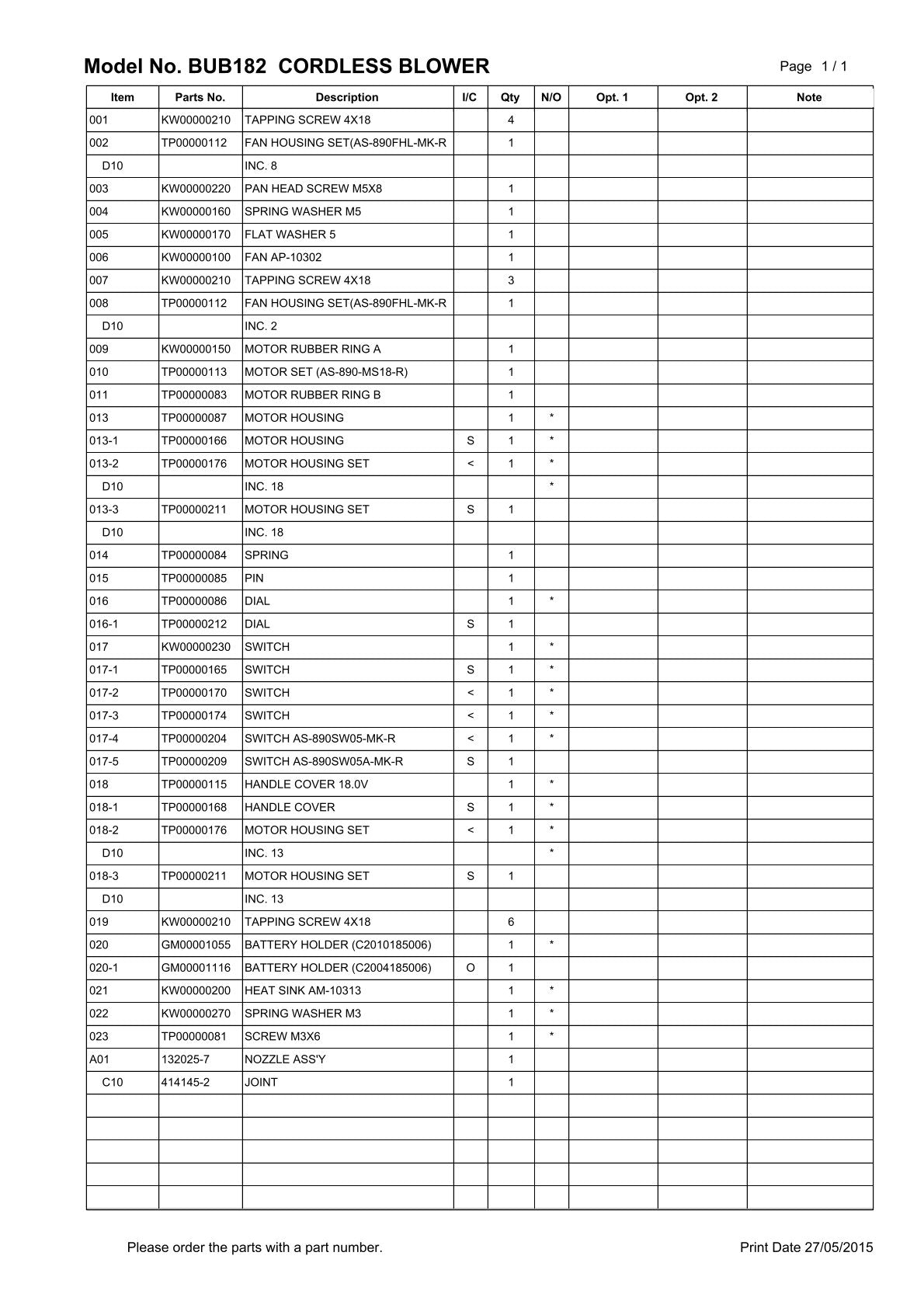 Vue éclatée Makita BUB182 - page 2