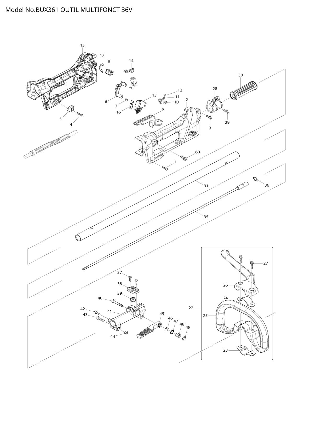 Vue éclatée Makita BUX361 - page 1