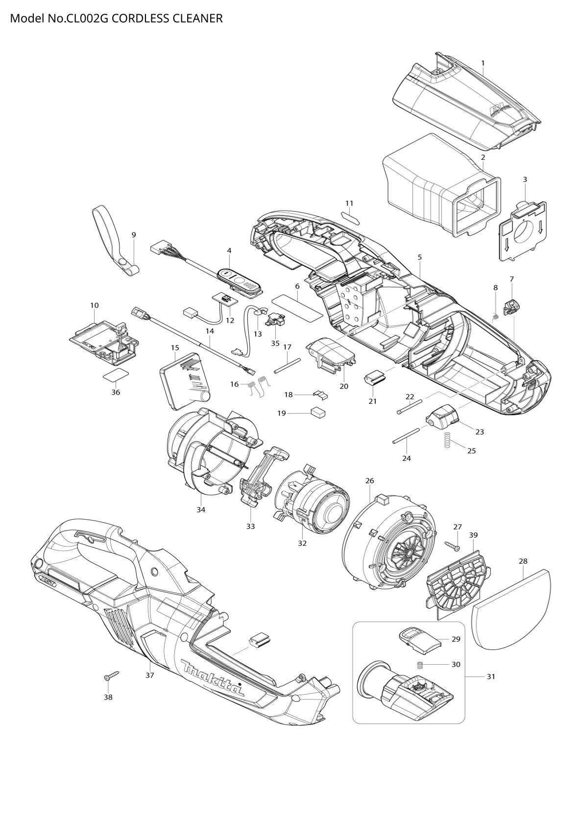 Vue éclatée Makita CL002G - page 1