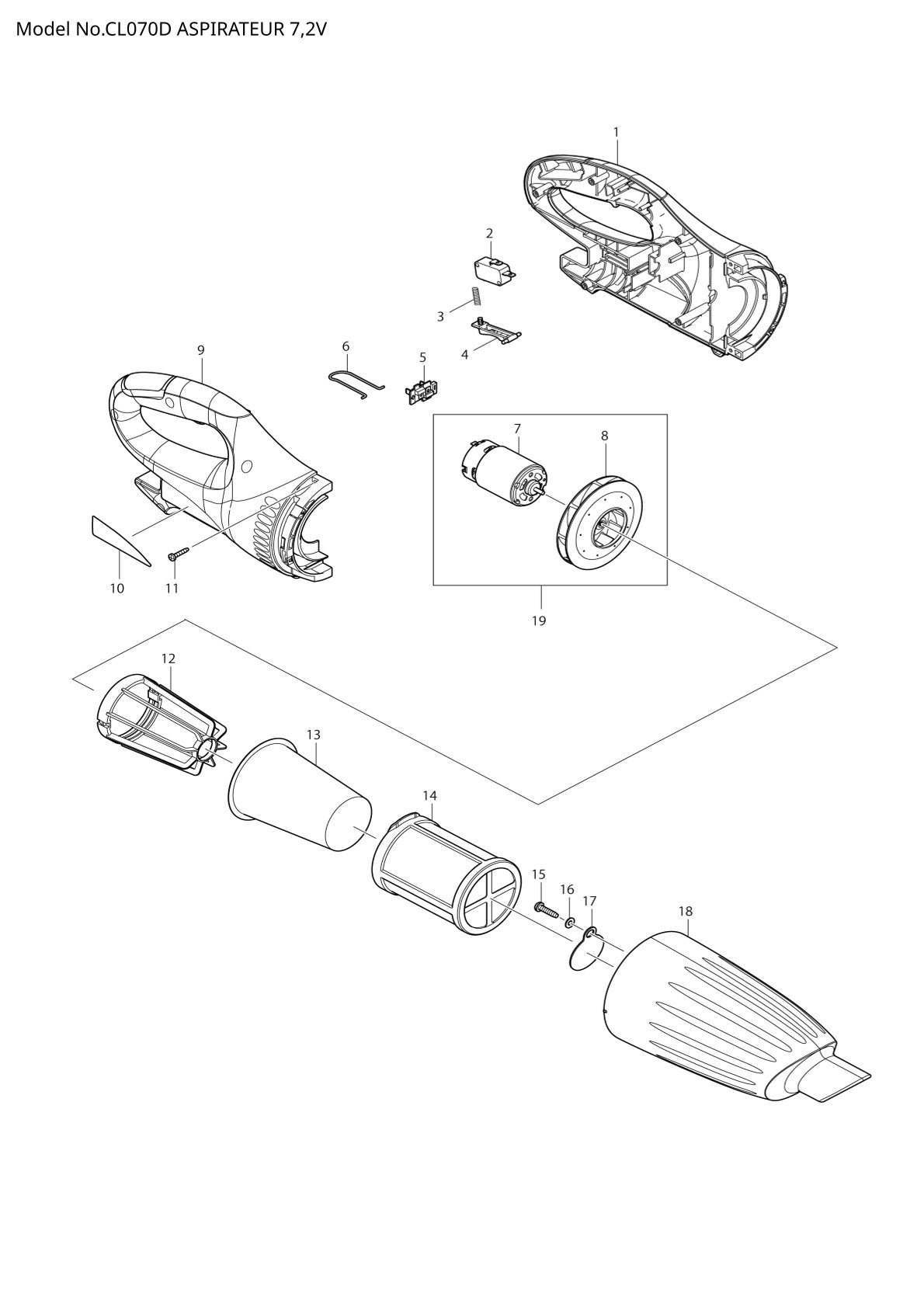 Vue éclatée Makita CL070D - page 1