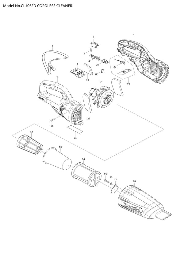 Vue éclatée Makita CL106FD - page 1