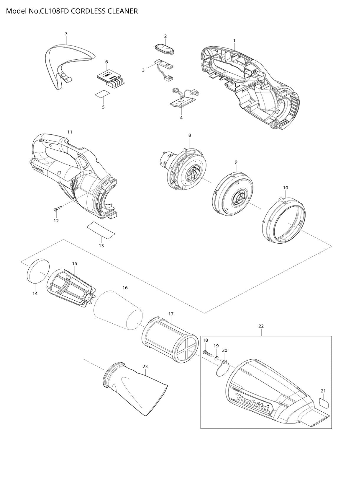Vue éclatée Makita CL108FD - page 1
