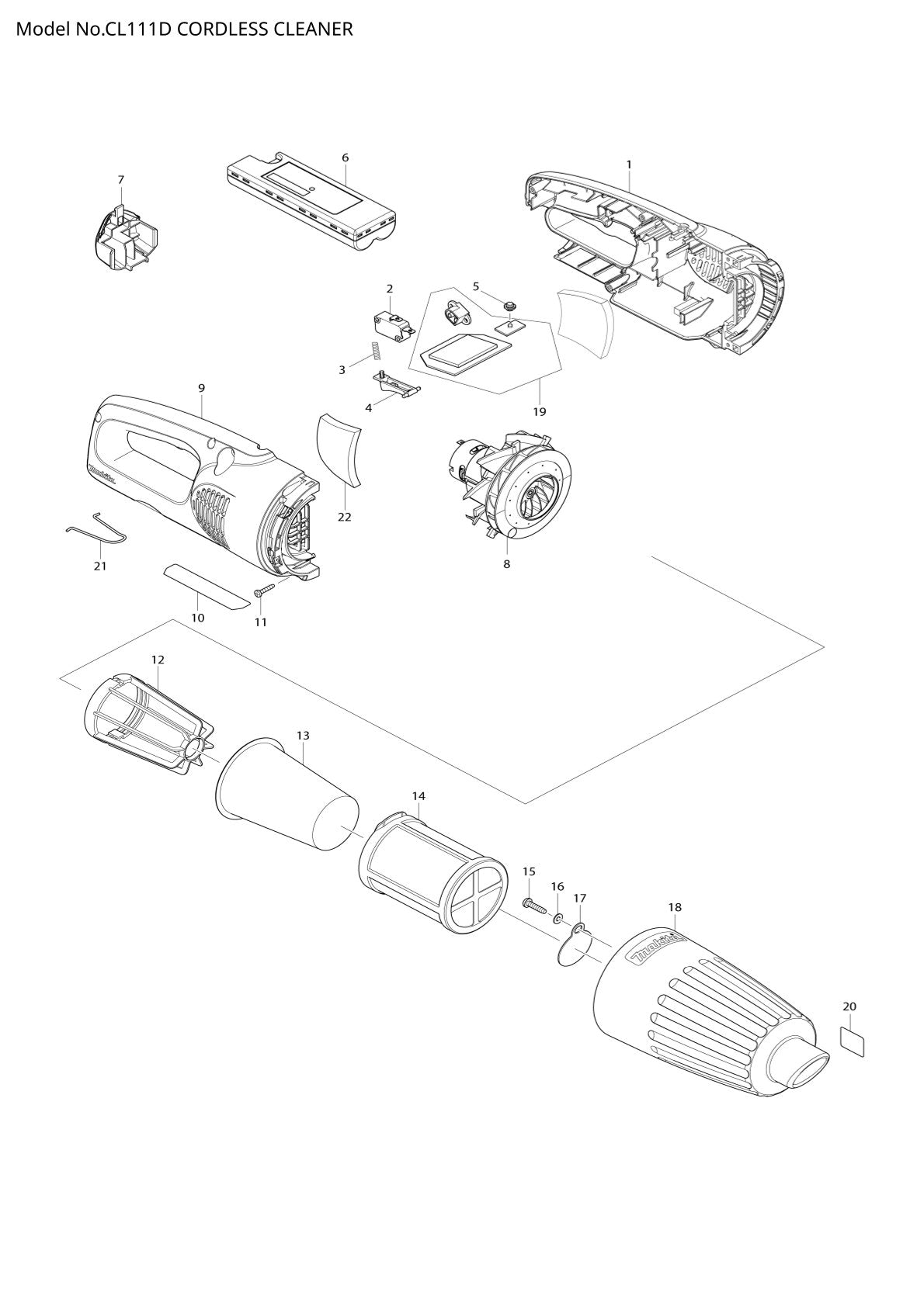 Vue éclatée Makita CL111D - page 1