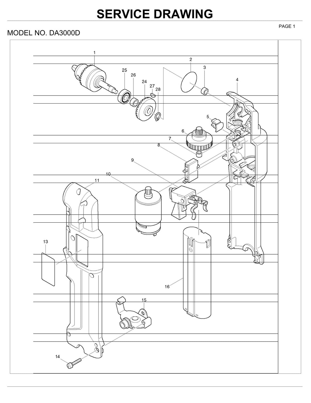 Vue éclatée Makita DA3000D - page 1