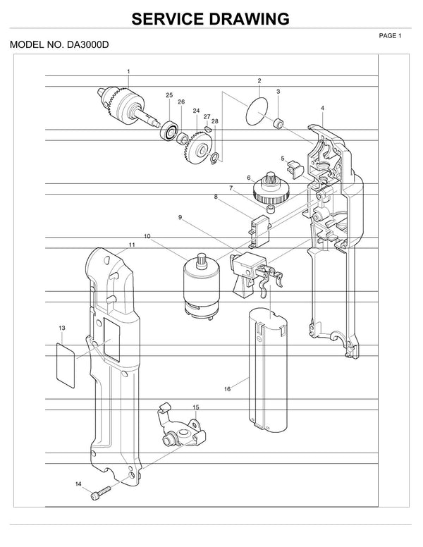 Vue éclatée Makita DA3000D - page 1
