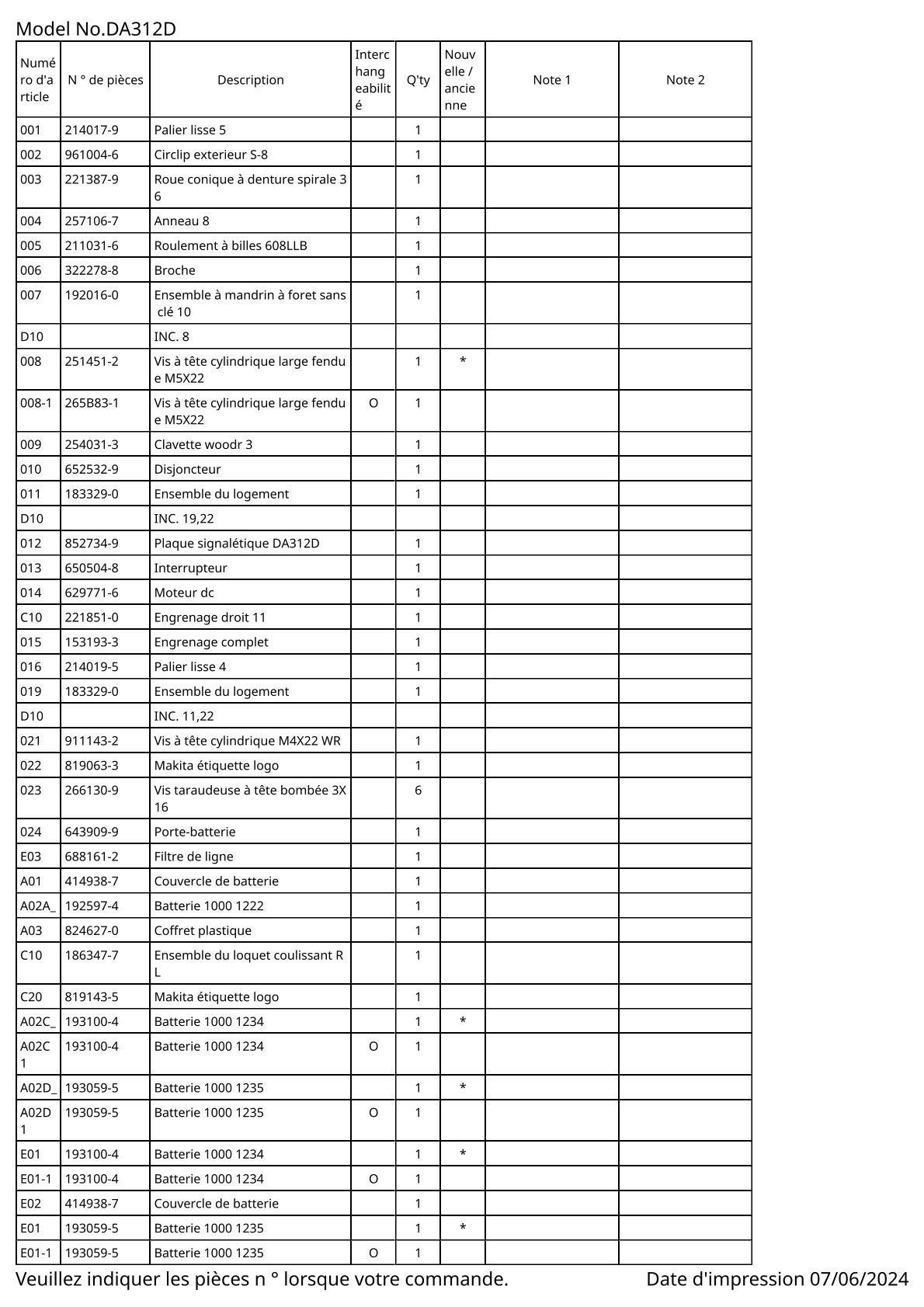 Vue éclatée Makita DA312D - page 2