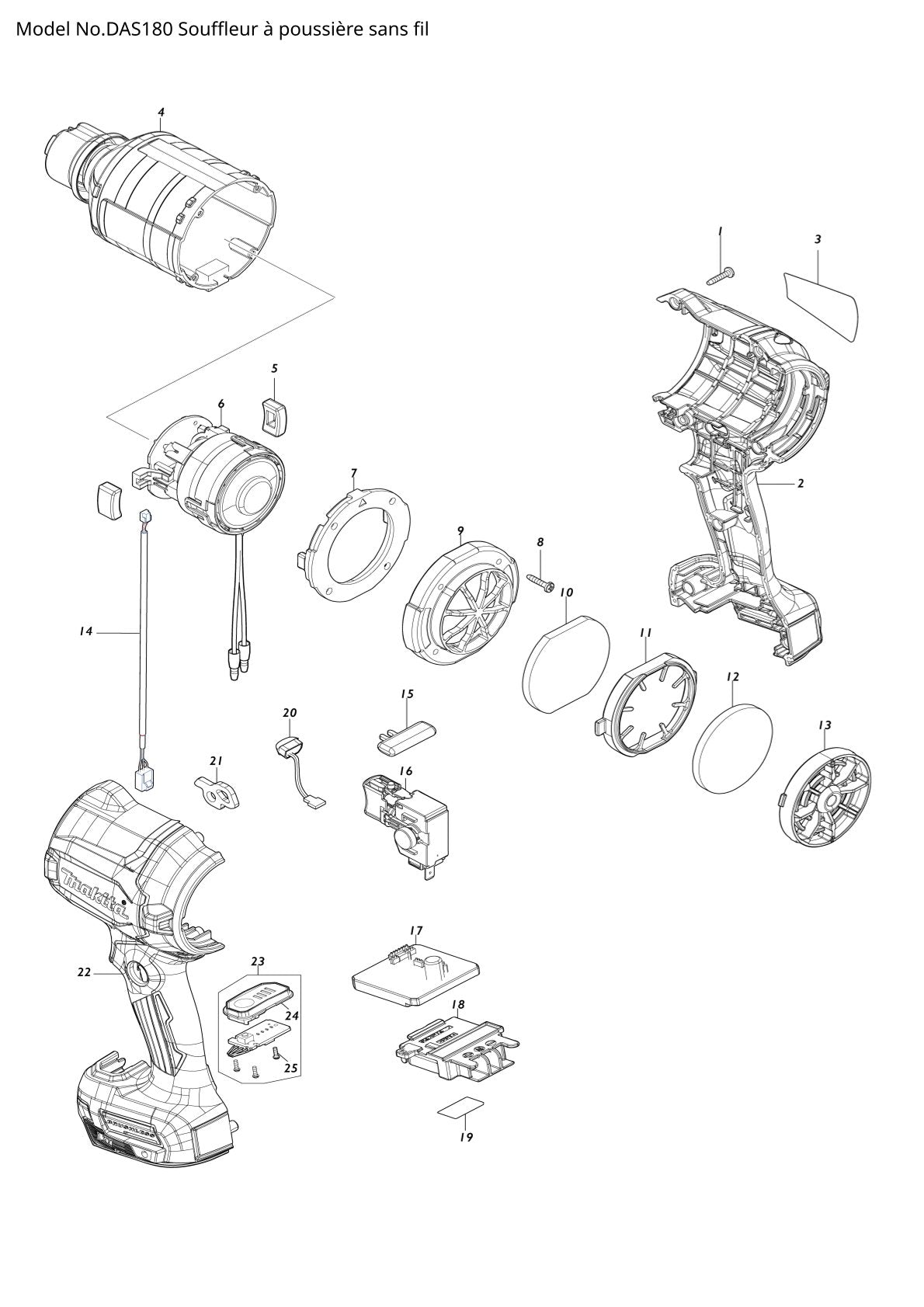 Vue éclatée Makita DAS180 - page 1