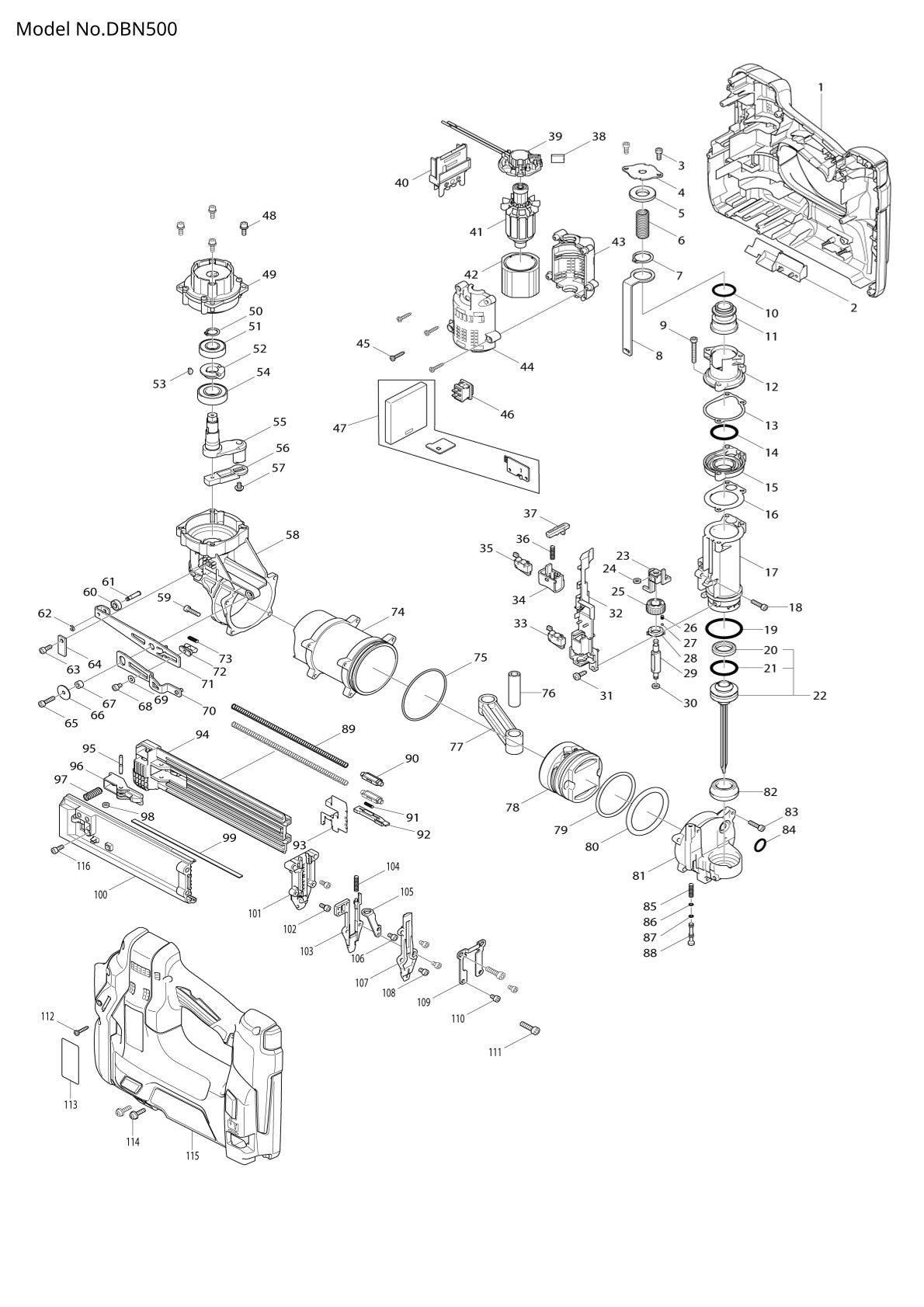 Vue éclatée Makita DBN500 - page 1
