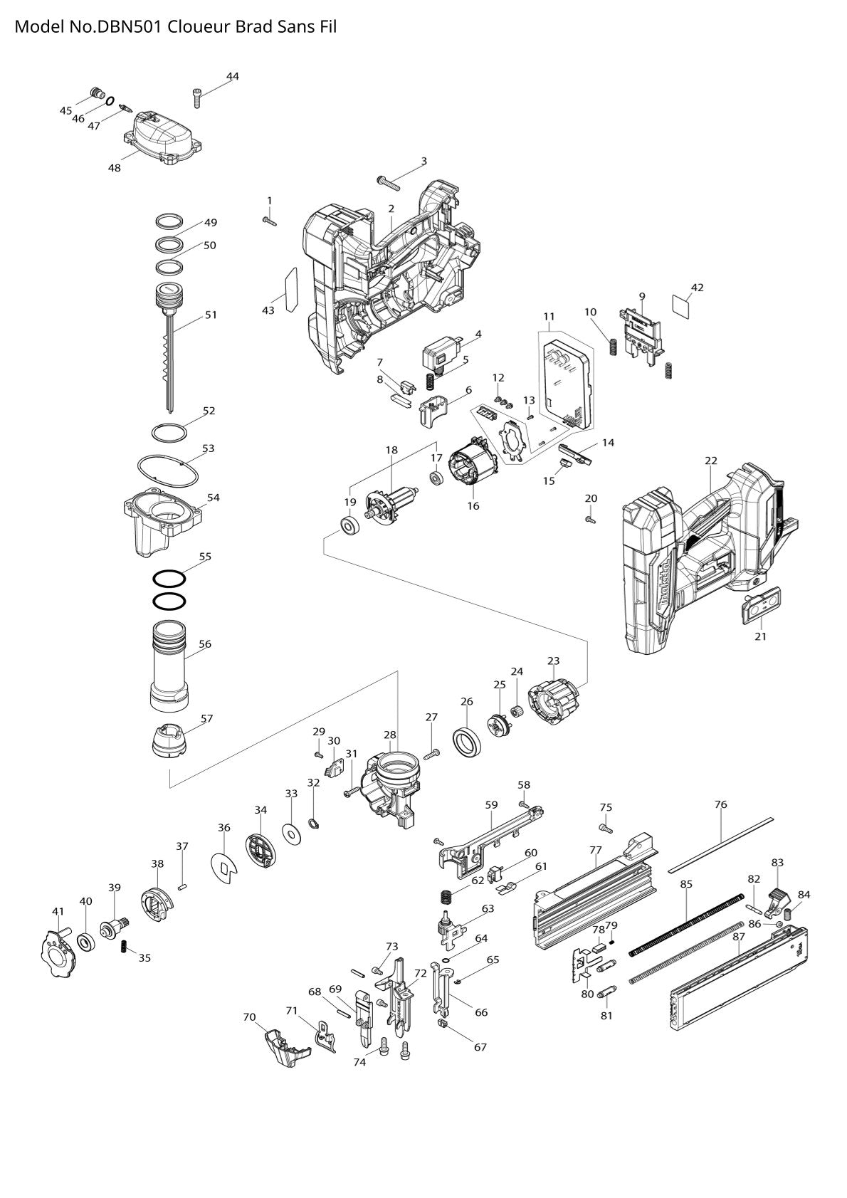 Vue éclatée Makita DBN501 - page 1