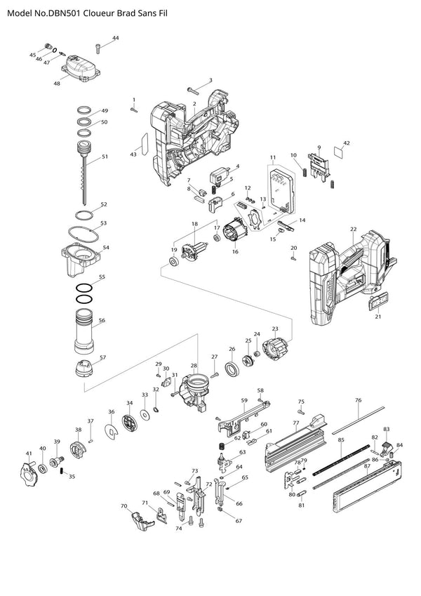 Vue éclatée Makita DBN501 - page 1